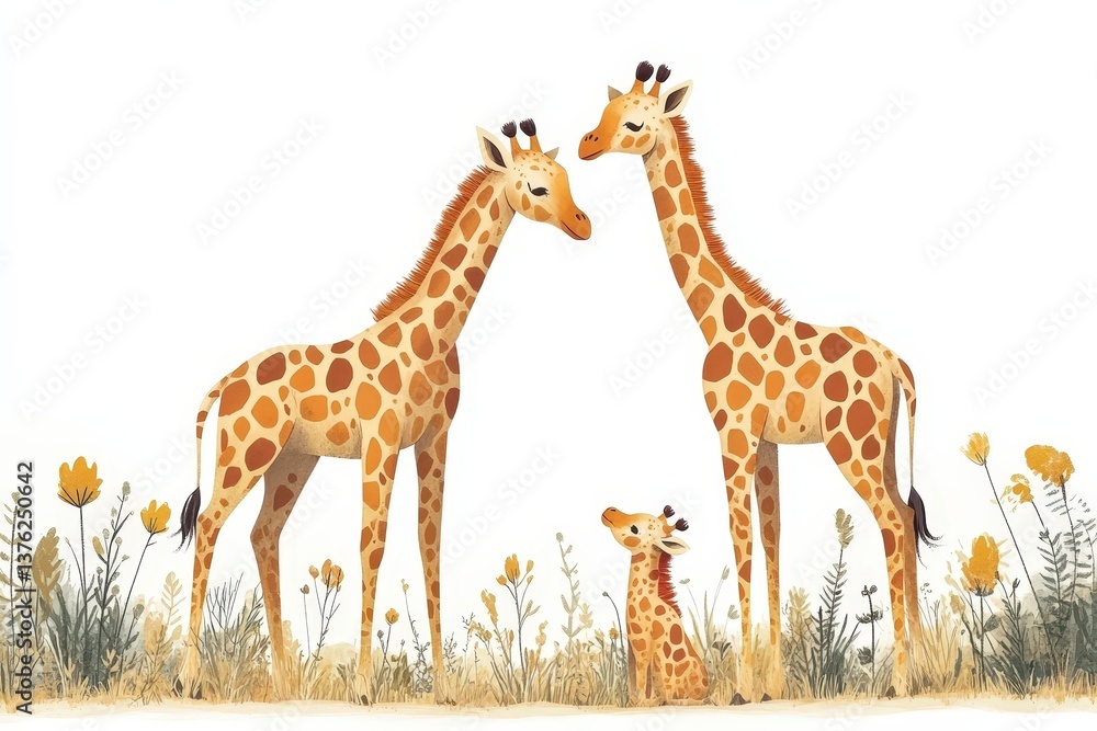 Obraz premium Playful giraffes interacting in a serene natural landscape with whimsical pastel flowers surrounding them