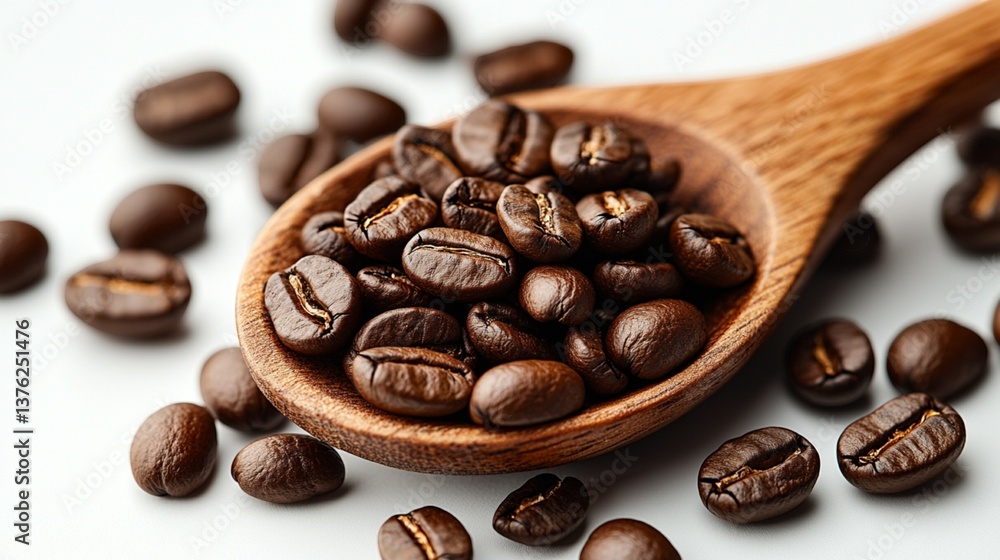 Fototapeta premium coffee beans in wooden spoon on solid background 