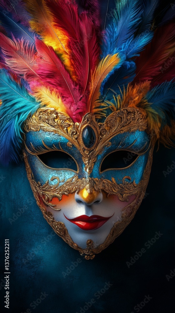 Intricate Masquerade Mask Adorned With Vibrant Feathers and Jewels in a Dark Ambience Intricate Masquerade Mask Adorned With Vibrant Feathers and Jewels in a Dark Ambience