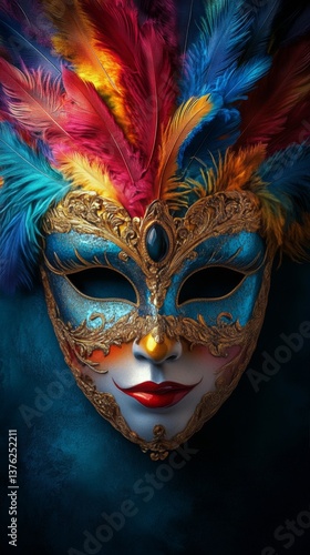 Wallpaper Mural Intricate Masquerade Mask Adorned With Vibrant Feathers and Jewels in a Dark Ambience Torontodigital.ca