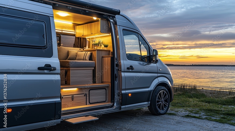 Modern Van Interior with Cozy Seating and Scenic View at Sunset by the Water Modern Van Interior with Cozy Seating and Scenic View at Sunset by the Water
