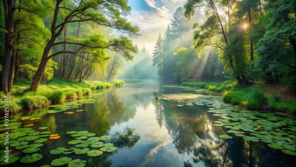 Serene River Reflecting Sunbeams Through Misty Forest Canopy Serene River Reflecting Sunbeams Through Misty Forest Canopy
