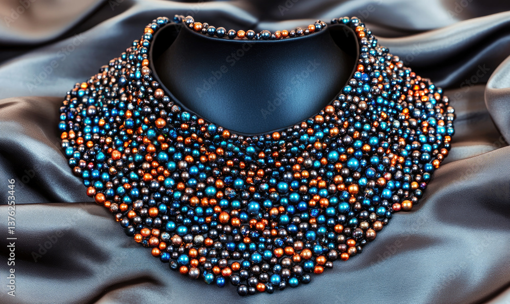 Fototapeta premium Exquisite handcrafted beaded necklace, showcasing a vibrant mix of blue, copper, and black pearls. The necklace rests on luxurious gray silk fabric, highlighting its intricate design and rich colors.