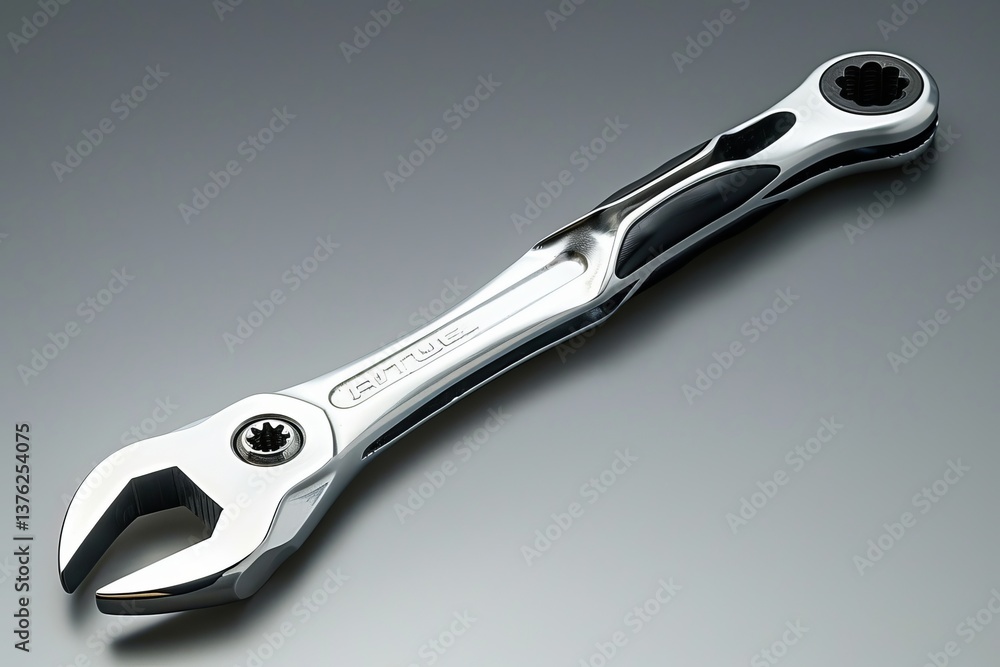 Obraz premium Detailed close-up of a sleek adjustable wrench on a smooth surface showcasing modern tool design and engineering precision
