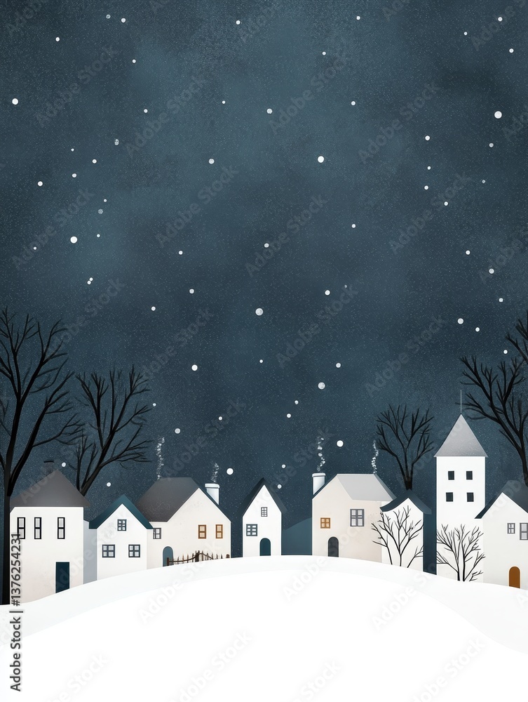 Naklejka premium Snowy Village Night Scene - Charming illustration of a quaint village covered in snow under a starry night sky. Perfect for winter holiday designs