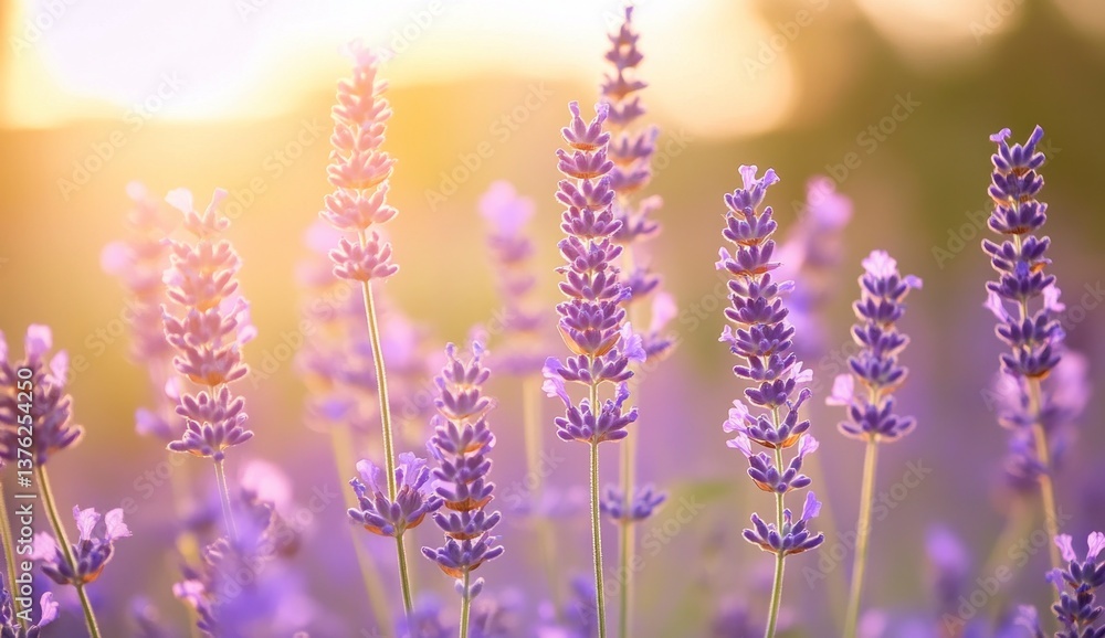 Naklejka premium Lavender Field Blooming at Sunset Warm Light Illuminating Purple Flowers