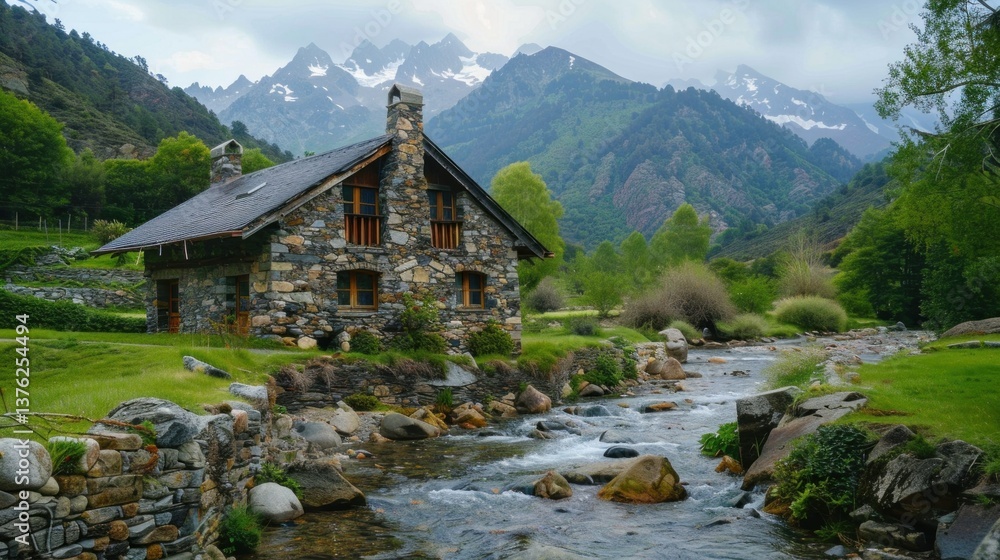 Charming stone house in the mountains with a peaceful river and distant mountain peaks Charming stone house in the mountains with a peaceful river and distant mountain peaks