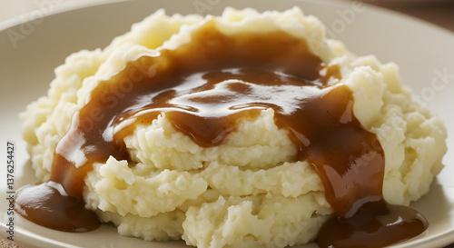 Creamy mashed potatoes generously drizzled with savory brown gravy allure