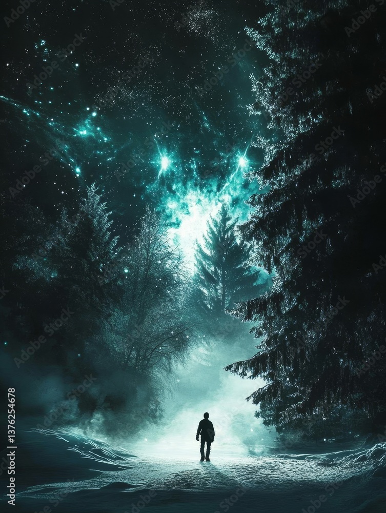 Solitary Journey Through Celestial Woods - A lone figure walks a snowy path through a forest bathed in ethereal, teal light emanating from the night sky Solitary Journey Through Celestial Woods - A lone figure walks a snowy path through a forest bathed in ethereal, teal light emanating from the night sky