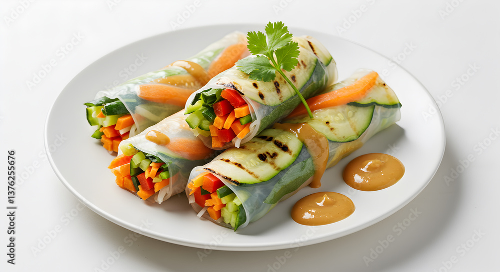 Appetizing grilled vegetable summer rolls beautifully displayed on a white plate Appetizing grilled vegetable summer rolls beautifully displayed on a white plate