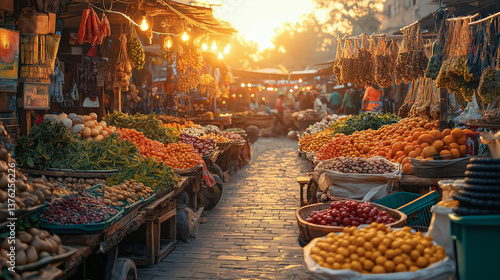 Minimalist Baisakhi Street Market at Sunset: Organic Stalls, Eco-Friendly Decorations, Modern Punjabi Aesthetics