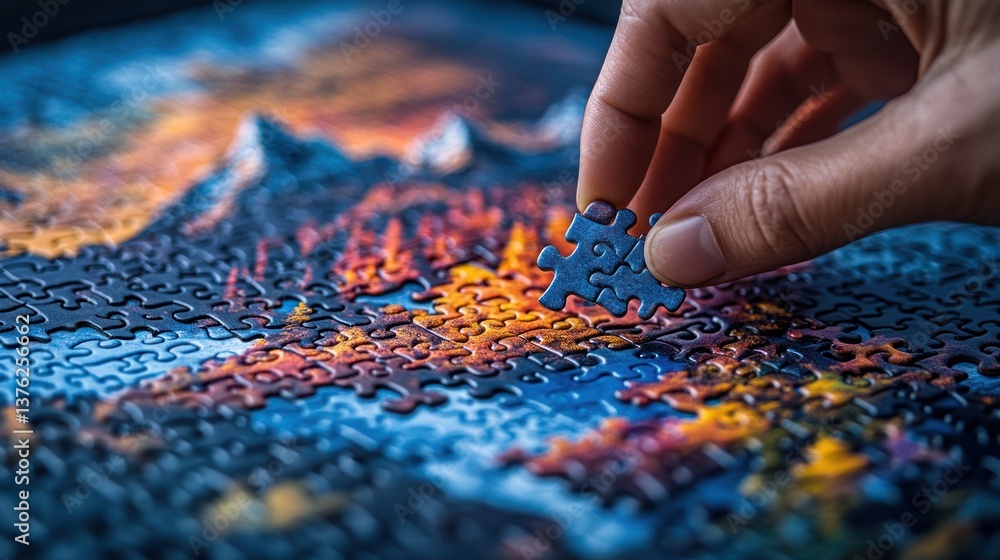 Fototapeta premium Close-up of a hand placing a jigsaw puzzle piece onto a partially completed puzzle depicting a mountain landscape.