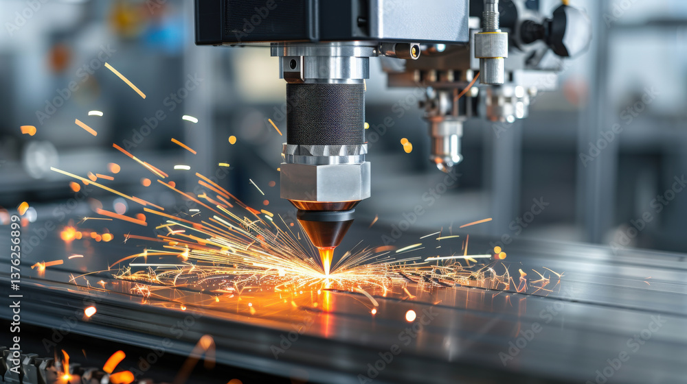 high precision CNC laser cutting machine emits bright sparks as it cuts through metal, showcasing advanced technology in modern industrial setting high precision CNC laser cutting machine emits bright sparks as it cuts through metal, showcasing advanced technology in modern industrial setting