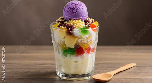 Exotic halo-halo dessert featuring shaved ice, ube ice cream and tropical flavors