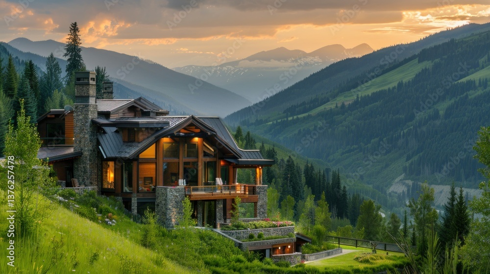Naklejka premium Luxury mountain house with panoramic views of a lush green valley