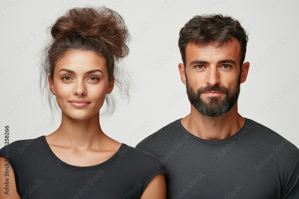 Couple with diverse hairstyles and expressions in neutral background Couple with diverse hairstyles and expressions in neutral background