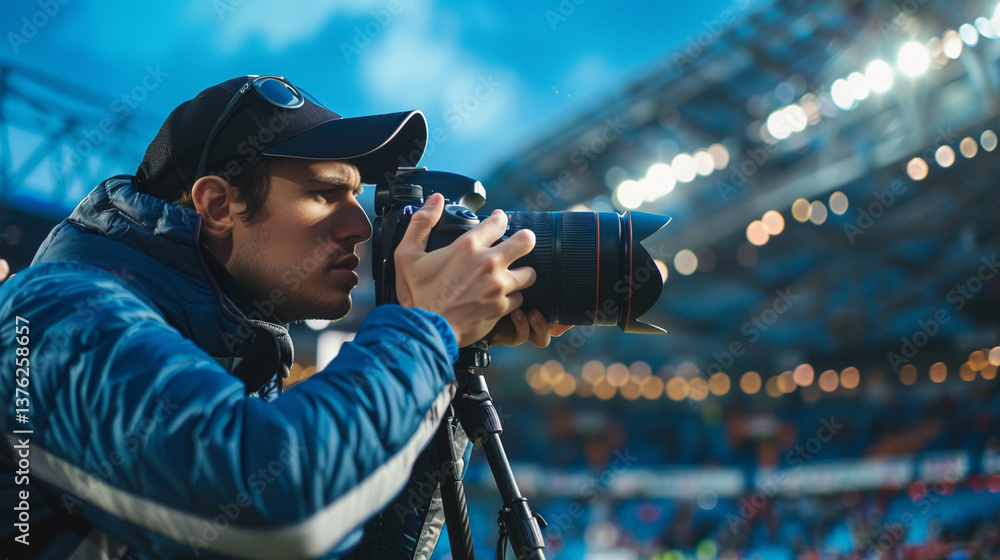 Obraz premium Professional sports photographer capturing action at a stadium. Focused man with a DSLR camera on a tripod, wearing a cap and jacket.