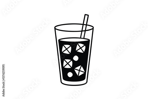 Refreshing Iced Drink Glass, Straw, Ice Cubes, Beverage