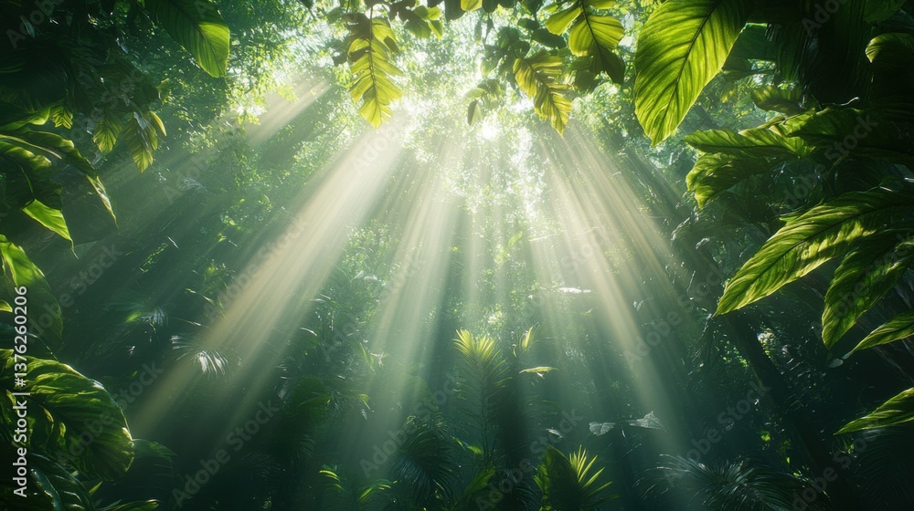 Obraz premium Lush green canopy with sunlight filtering through, creating an ethereal atmosphere in a dense forest.
