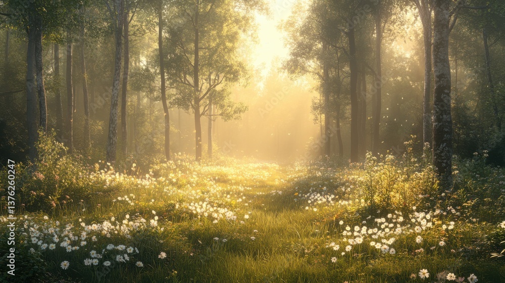 Obraz premium A serene forest path illuminated by soft sunlight, adorned with blooming flowers and lush greenery, creating a peaceful, enchanting atmosphere.