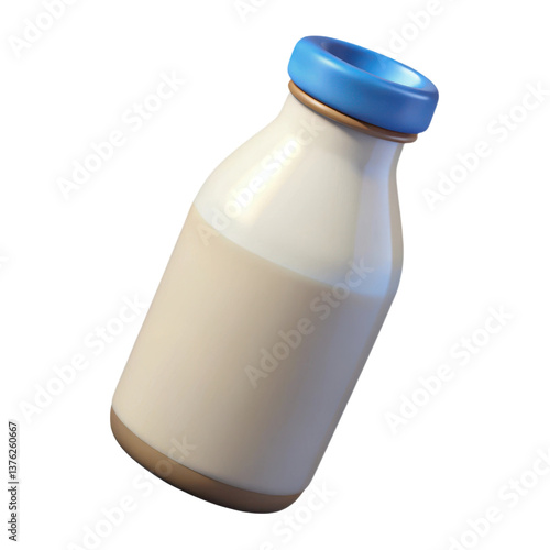 A bottle of milk with a blue cap, showing a smooth and glossy surface, illustration of 3d rendering.	