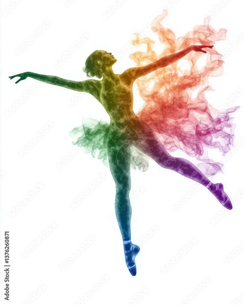 Obraz premium International Dance Day. illustration of A minimalist ballet dancer silhouette mid-leap, with flowing pastel-colored ribbons trailing behind, symbolizing grace, movement, and expression 
