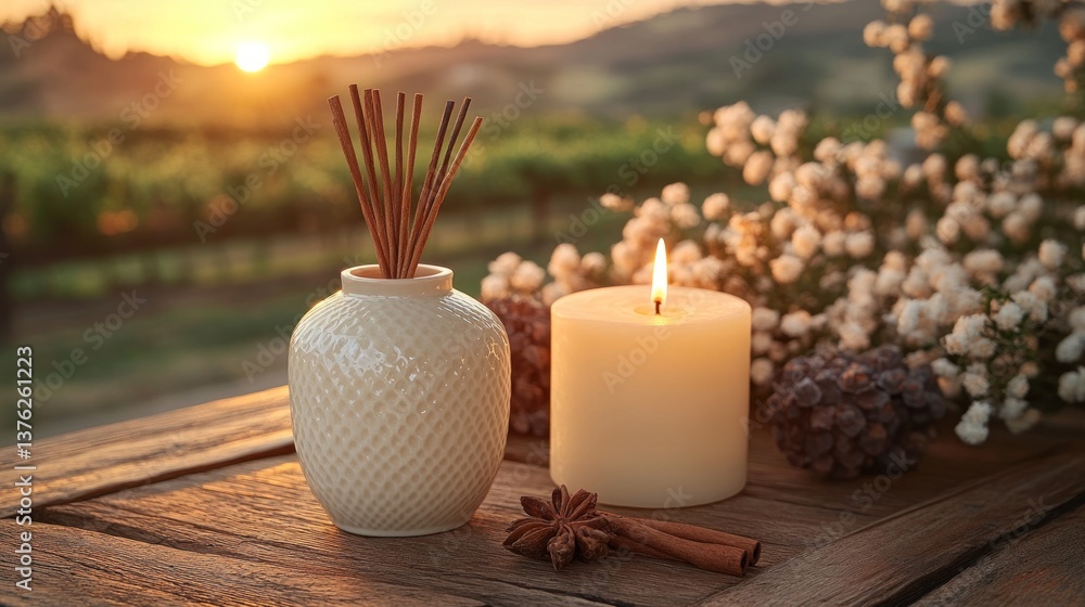 Obraz premium Scented reeds diffuser, candle, cinnamon, star anise, pine cones, flowers on wooden table at sunset.