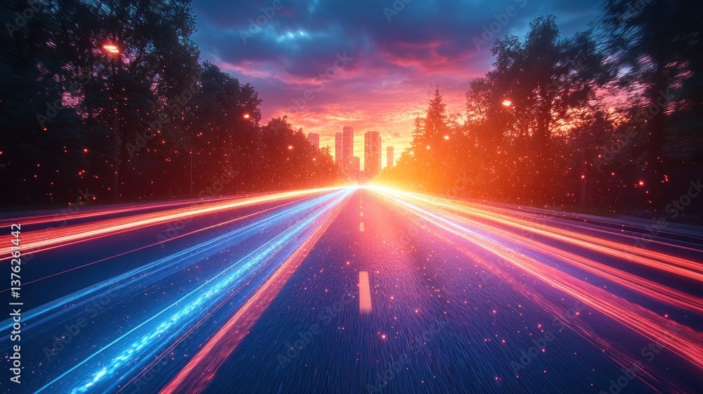 Vibrant sunset cityscape view from a fast moving car on a highway. Vibrant sunset cityscape view from a fast moving car on a highway.