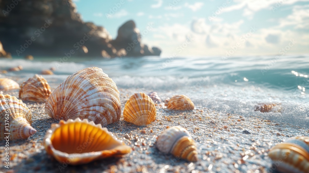 A serene beach scene featuring a variety of seashells scattered on wet sand, with gentle waves lapping nearby under a bright sky. A serene beach scene featuring a variety of seashells scattered on wet sand, with gentle waves lapping nearby under a bright sky.