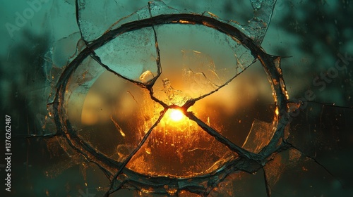 Sunset viewed through a circular hole in broken glass.