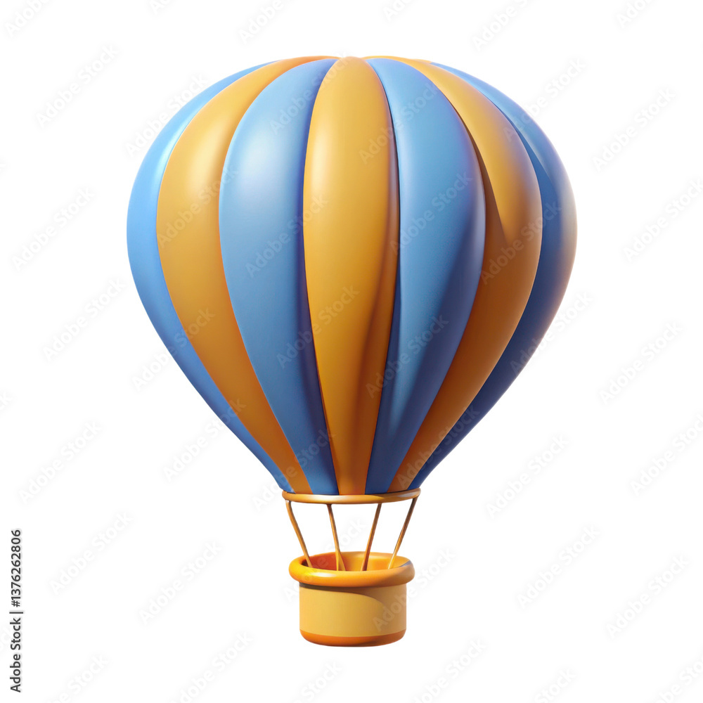 Obraz premium A colorful hot air balloon featuring blue and orange stripes, designed for aerial adventures and leisure flights, showcasing its round shape and basket, illustration of 3d rendering. 