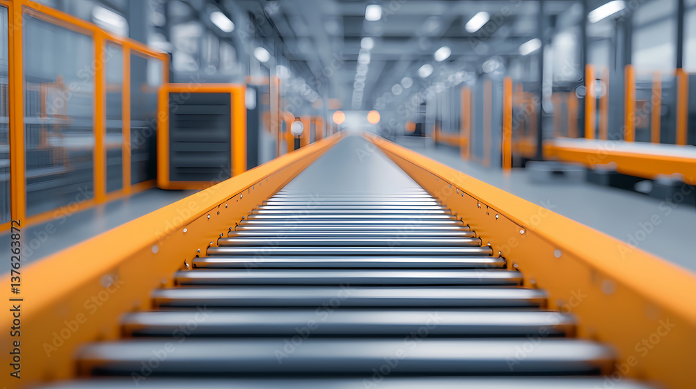 Fototapeta premium A conveyor belt in an industrial setting, featuring sleek metal rollers and orange accents, reflecting a modern and efficient workspace.