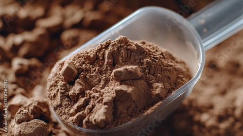 Chocolate Protein Powder in Clear Plastic Scoop