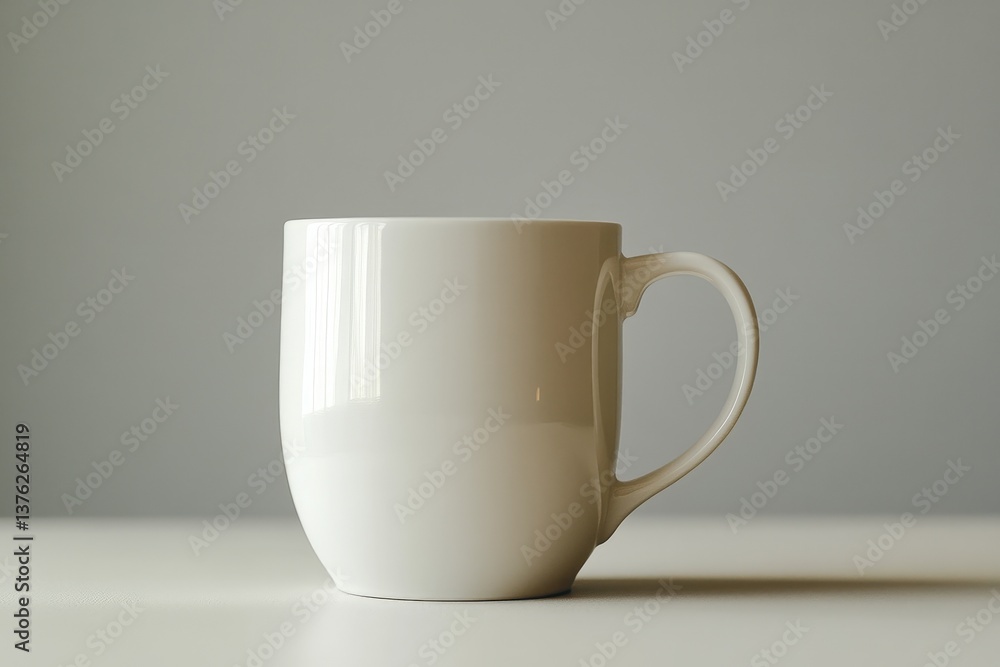 Fototapeta premium A simple white ceramic mug sits on a bright white surface