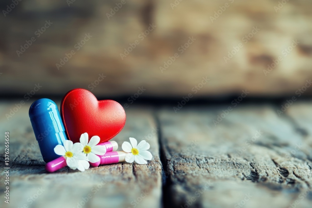 Fototapeta premium Colorful capsules and a heart on a rustic wooden background with flowers nearby
