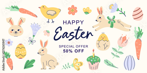Happy Easter horizontal banner with hares, carrot and flowers around the perimeter on beige background. Design with text for discount. Happy Easter hand drawn card. Flat illustration with partial