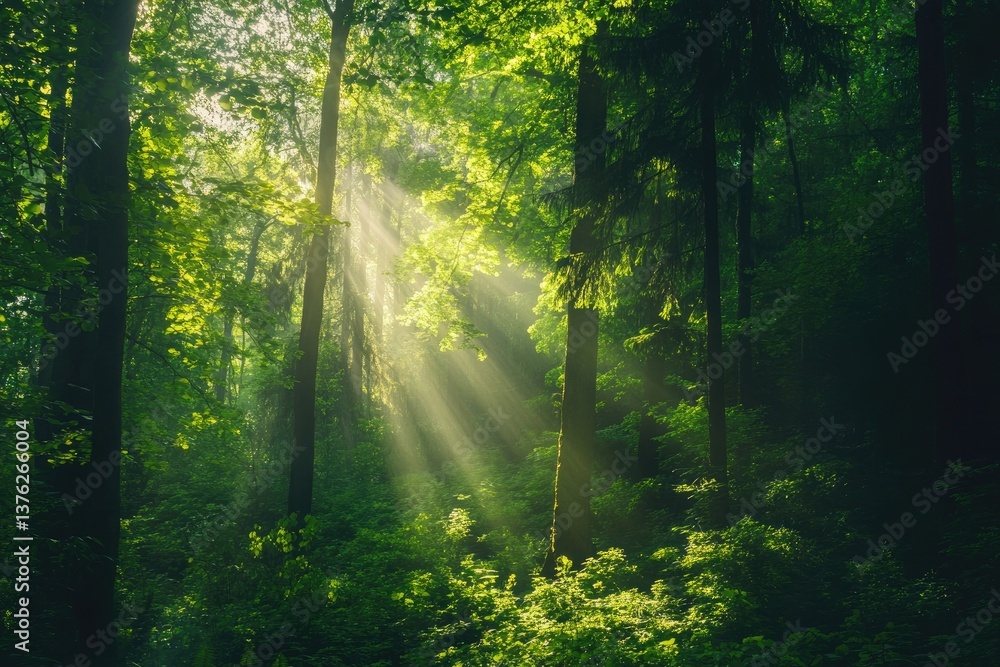 Fototapeta premium lush green forest with sunlight filtering through trees peaceful atmosphere