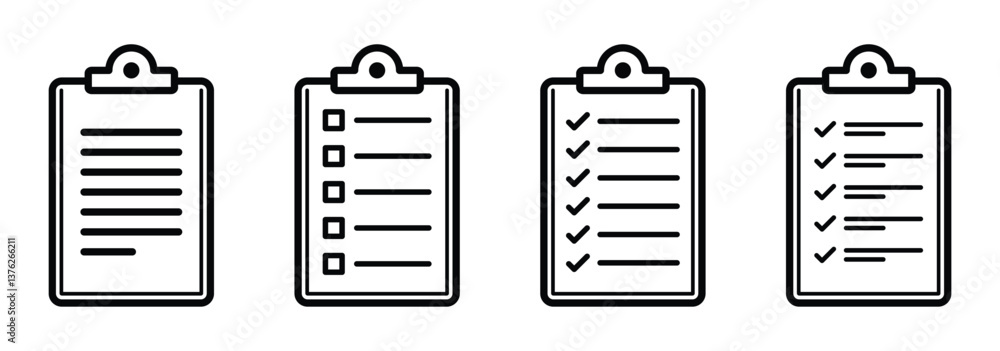 Clipboard icon set. Checklist on the clipboard line icon with checkmarks, checklist, document, gear, pencil. Clipboard outline icons. Checklist symbol. Editable stroke. Vector illustration. EPS 10 Clipboard icon set. Checklist on the clipboard line icon with checkmarks, checklist, document, gear, pencil. Clipboard outline icons. Checklist symbol. Editable stroke. Vector illustration. EPS 10