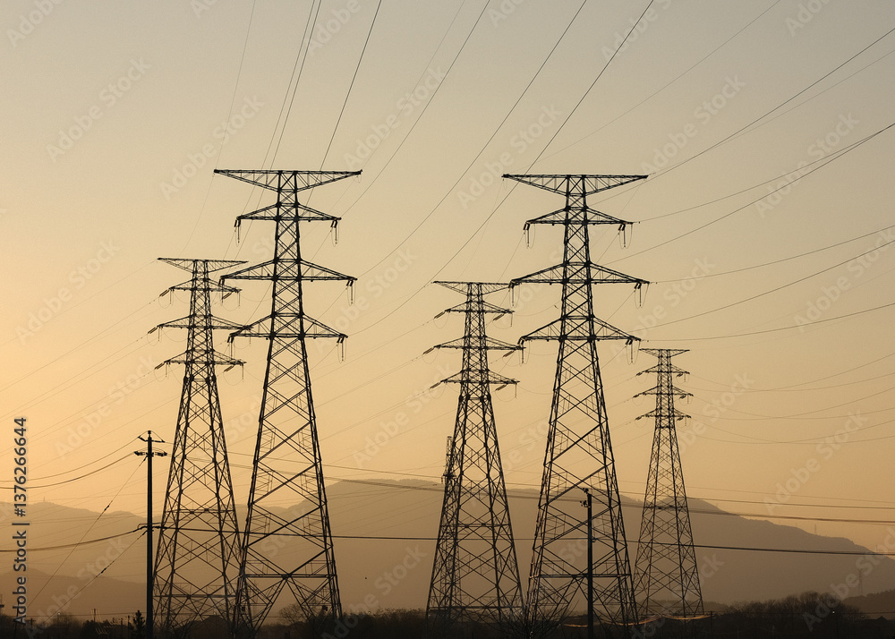 Fototapeta premium 黄昏输电塔剪影【Silhouettes of Transmission Towers at Dusk】