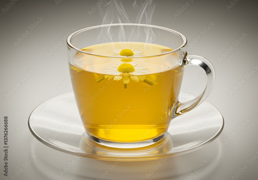 Steaming Chamomile Tea in Glass Cup with Saucer, Relaxing Herbal Drink, Floral Beverage. Steaming Chamomile Tea in Glass Cup with Saucer, Relaxing Herbal Drink, Floral Beverage.