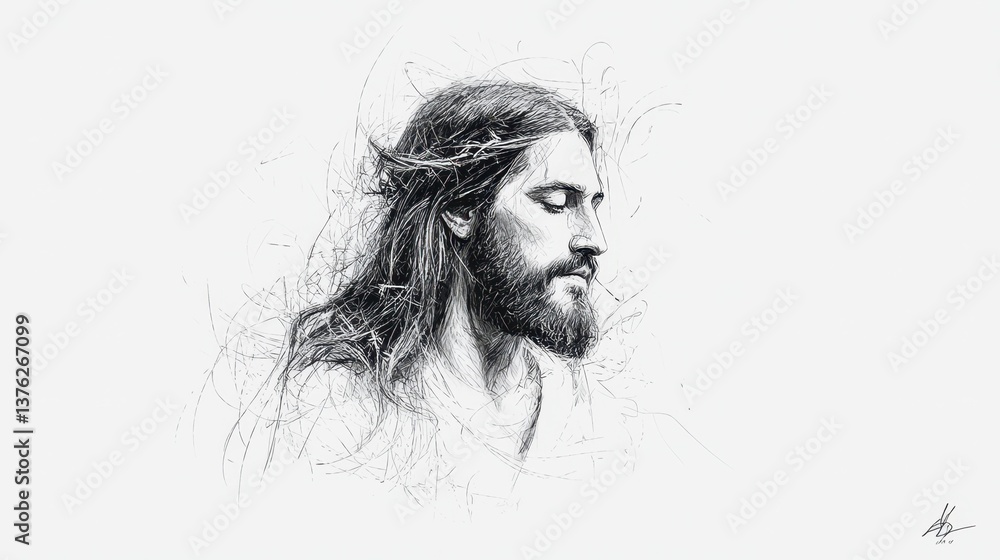 Contemplative portrait in pencil of a man with crown, long hair, beard, looking downward in a sketch-like illustration Contemplative portrait in pencil of a man with crown, long hair, beard, looking downward in a sketch-like illustration