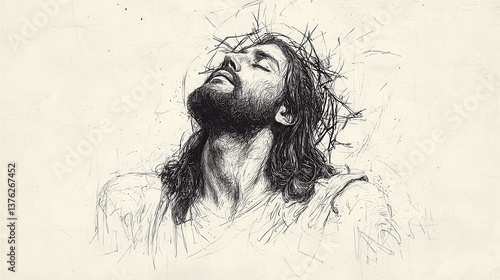 Contemplative sketch of a bearded religious figure with a crown of thorns, eyes closed and head tilted up