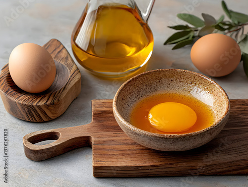 raw egg cracked into small ceramic bowl with yolk intact, placed on wooden board, alongside whole eggs and olive oil