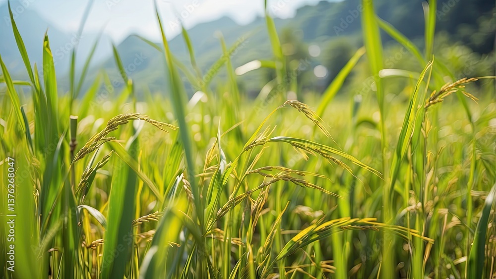 Fototapeta premium Close-up of ripe rice grains hanging from tall,