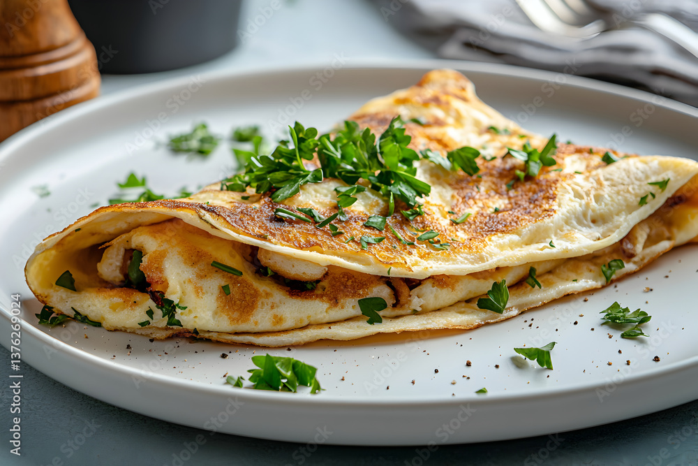 golden omelette folded neatly on white plate, garnished with fresh parsley and black pepper, creating delicious presentation golden omelette folded neatly on white plate, garnished with fresh parsley and black pepper, creating delicious presentation