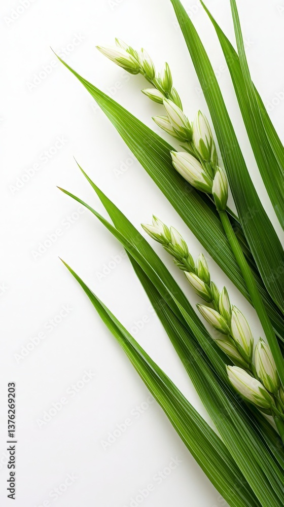 Obraz premium Green Leaves and White Flowers on White Background