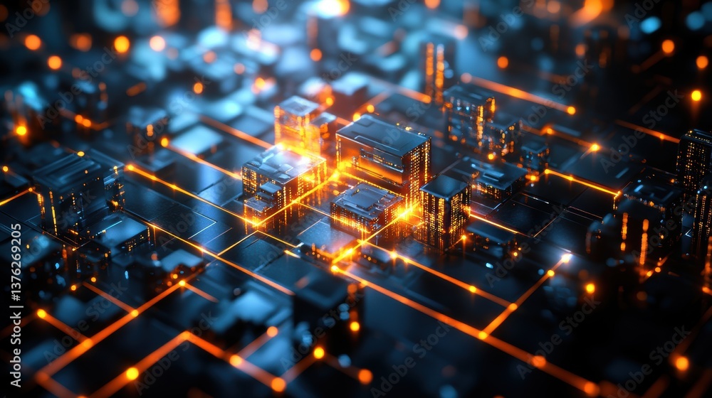 Abstract digital cityscape featu glowing orange lines connecting dark metallic structures, resembling a complex technological network or microchip visual. Abstract digital cityscape featu glowing orange lines connecting dark metallic structures, resembling a complex technological network or microchip visual.