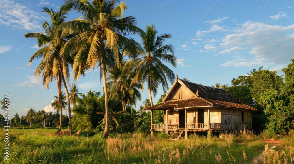 Fototapeta premium A Khmer-style house in a tropical setting, with palm trees and a serene atmosphere.