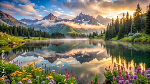 Serene Mountain Lake at Sunrise with Vibrant Wildflowers Reflecting in Still Waters