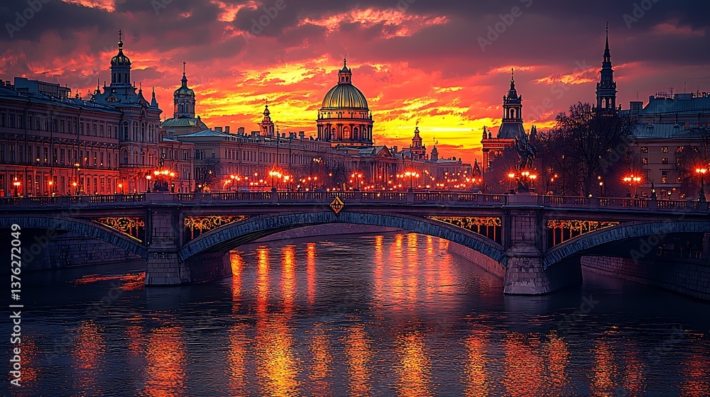 Fototapeta premium Cityscape at Sunset over River